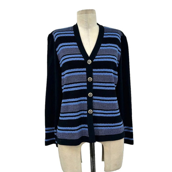 St. John Collection Santana Knit Black Blue Stripe‎ Cardigan Sweater Size 4 - Picture 1 of 8